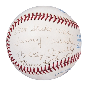 Mickey Mantle Signed & Inscribed "Our shake was funny! a$$hole" OAL Brown Baseball (JSA)